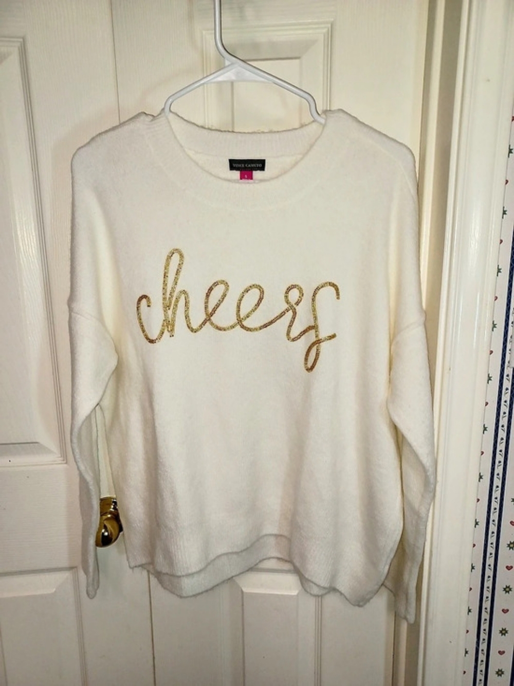 Vince Camuto Cheers Embellished Crewneck Sweater White Small
